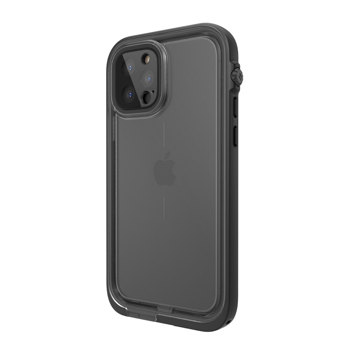 Eine schwarze Schutzhülle auf einem iPhone, von hinten vor weißem Hintergrund.