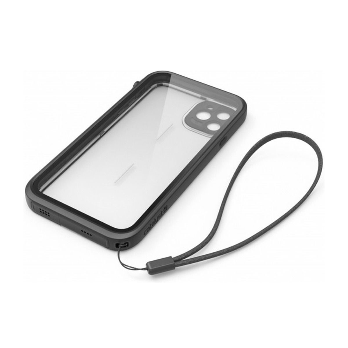 Schwarze, wasserdichte Smartphone-Hülle mit transparenter Rückseite und angebrachtem Trageband auf weißem Hintergrund.