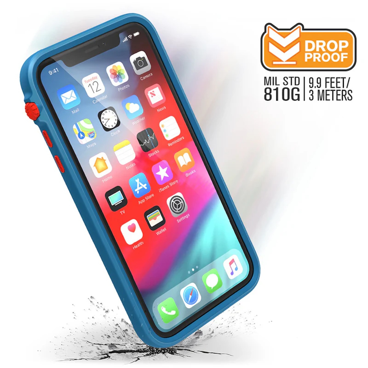 Ein blaues Smartphone in robuster Hülle mit Drop-Proof-Label.