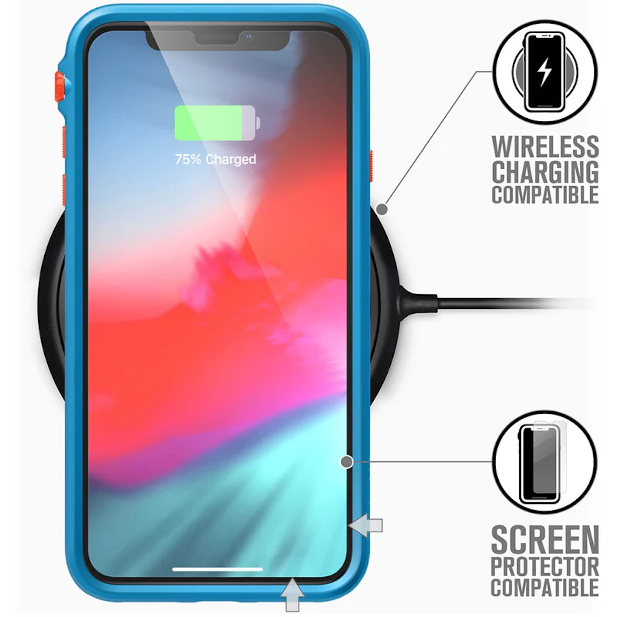 Ein Smartphone in blauer Schutzhülle lädt auf einer kabellosen Ladestation mit Texten zu Wireless Charging und Displayschutz.