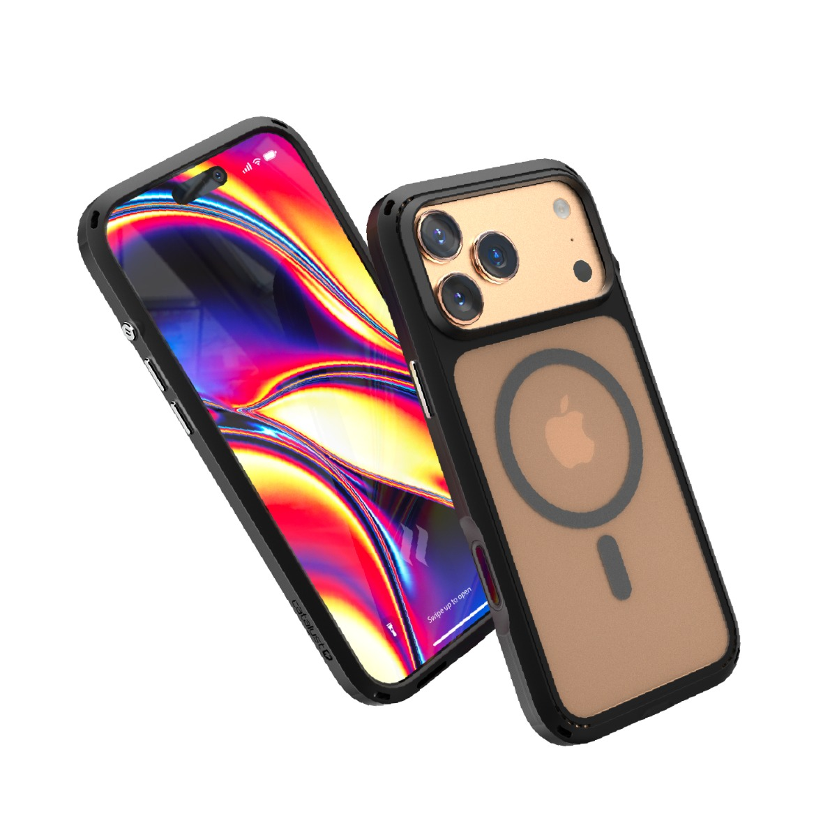 Zwei Smartphones in schwarzen Hüllen mit bunten Display und MagSafe auf der Rückseite vor weißem Hintergrund.