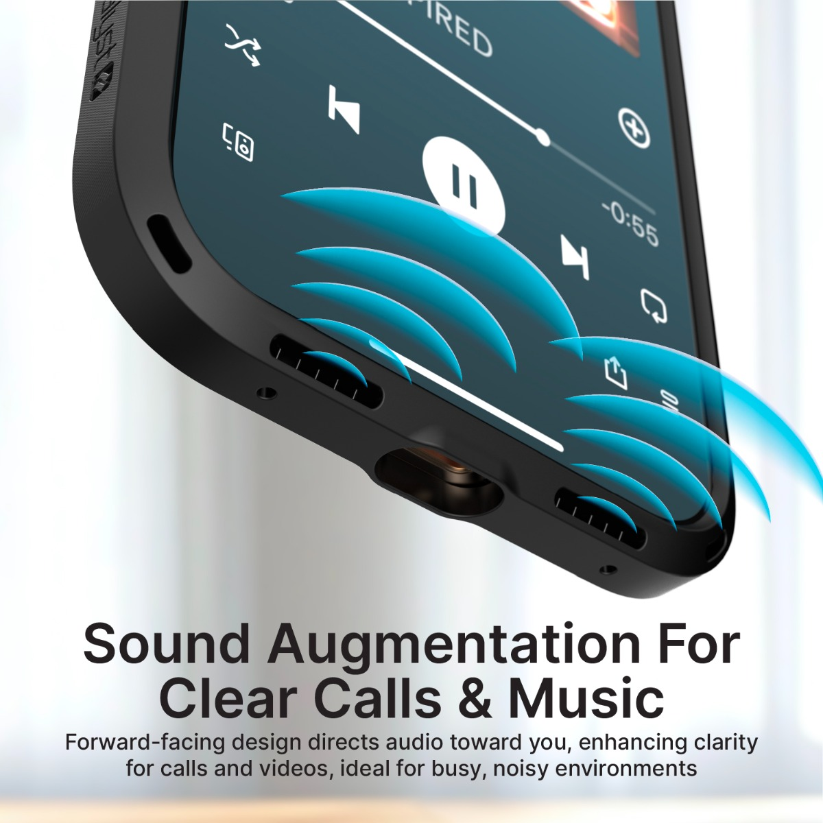 Ein schwarzes Smartphone zeigt Musikwiedergabe mit blauen Schallwellen, die nach vorne geleitet werden.