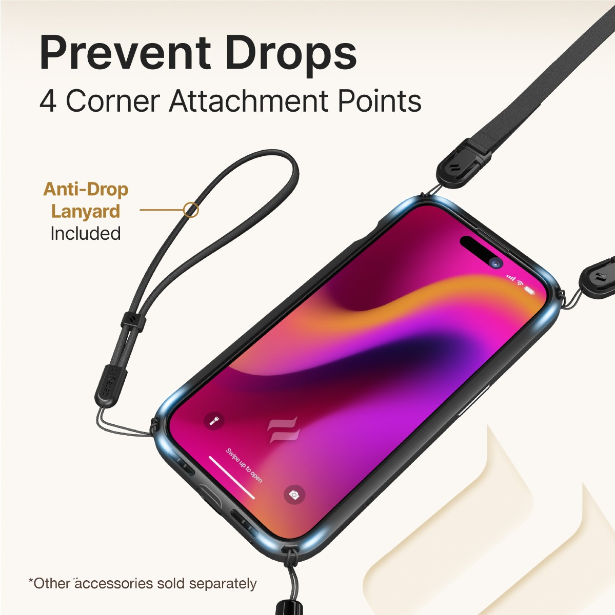Smartphone in einer Hülle mit Lanyard, Text zu Eckbefestigungspunkten.