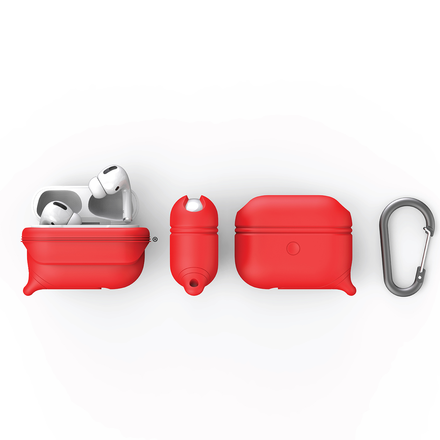 Rote Silikonhülle für AirPods Pro mit offener Ladebox, geschlossener Hülle und grauem Karabinerhaken.
