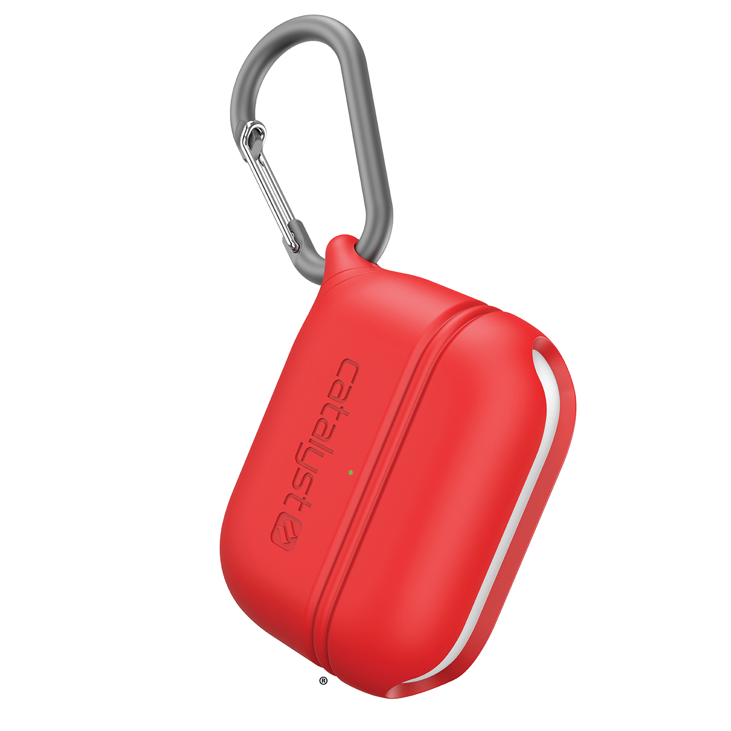 Eine rote Silikonhülle für AirPods Pro mit Karabinerhaken.