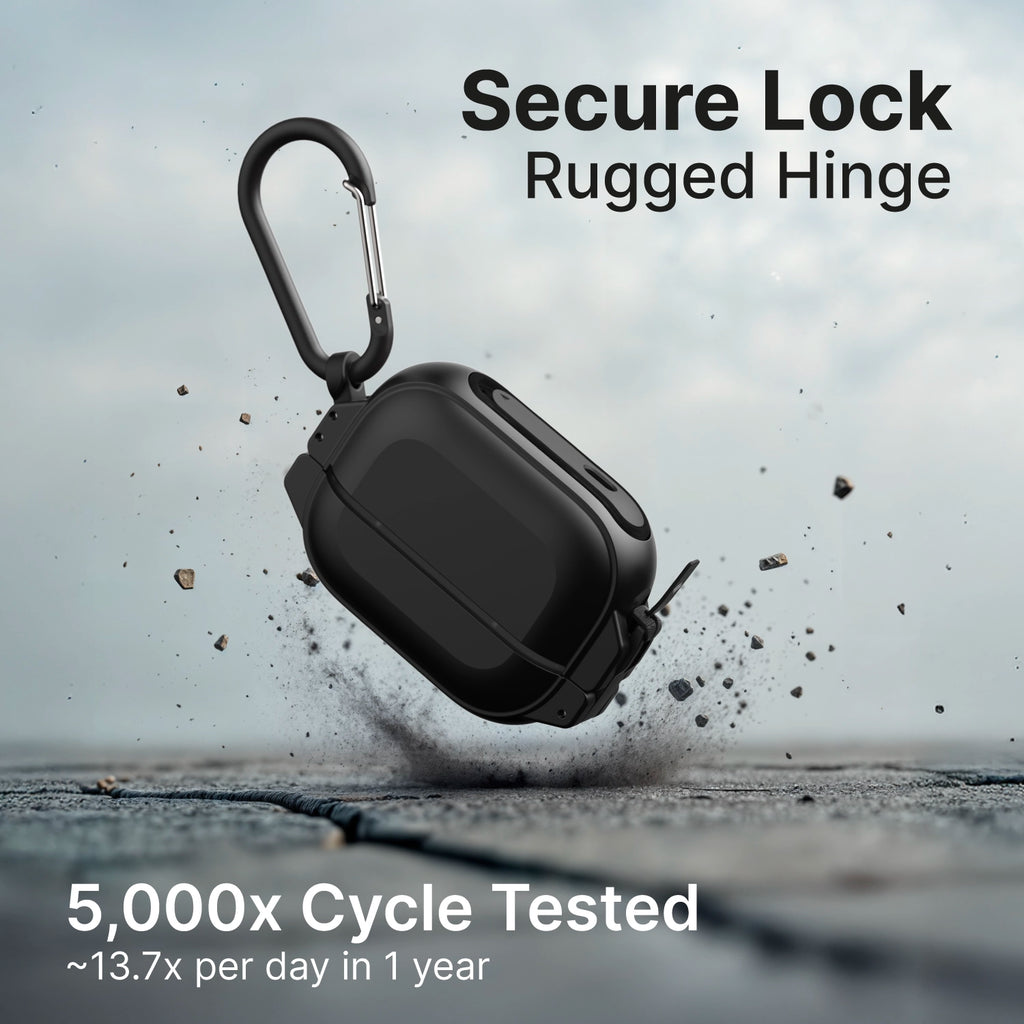 Ein schwarzes, robustes Kopfhörercase mit Karabiner schwebt über rissigem Boden mit Staub, Text: Secure Lock.