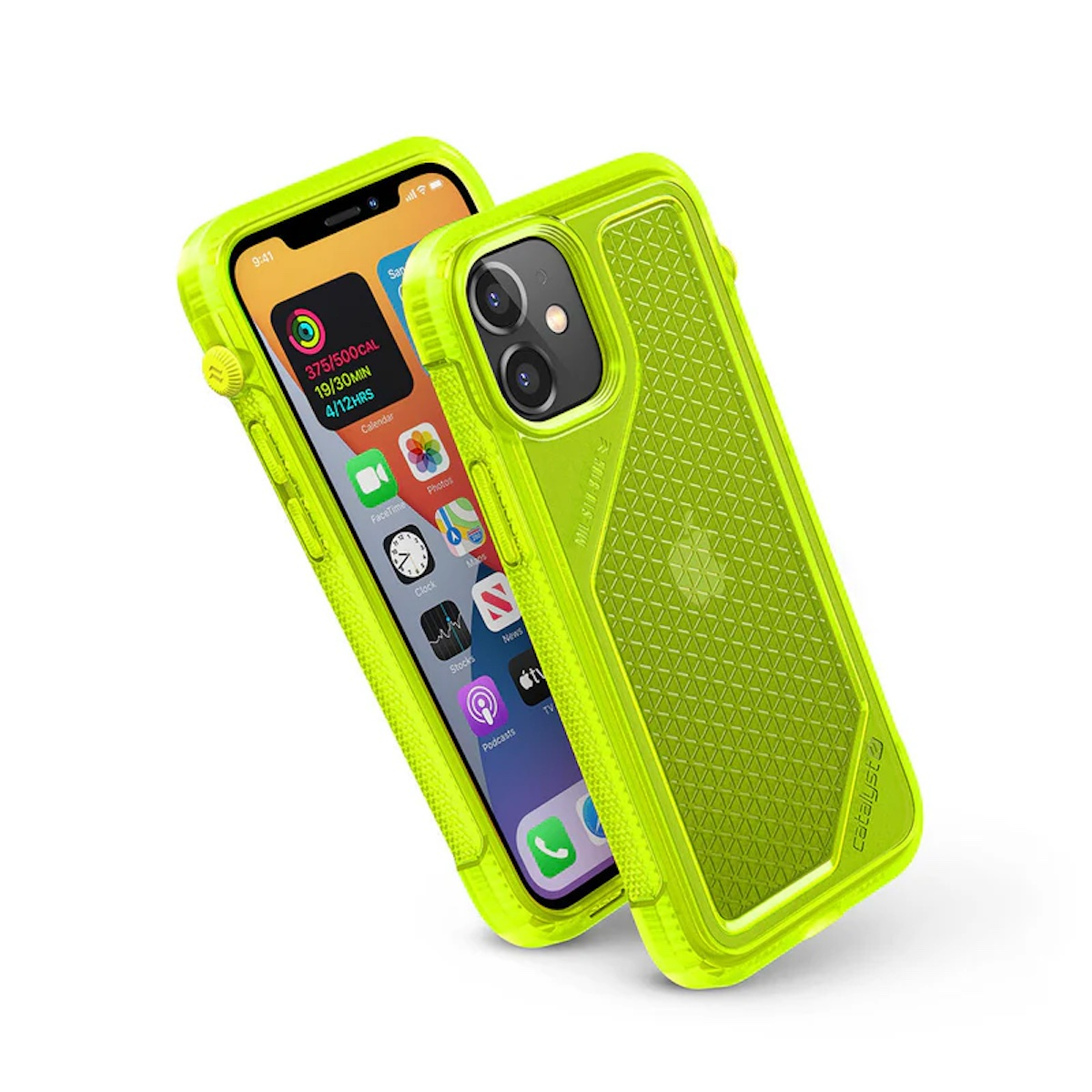 Ein neongrünes Smartphone in einer robusten Schutzhülle zeigt den Bildschirm und die Rückseite auf weißem Grund.