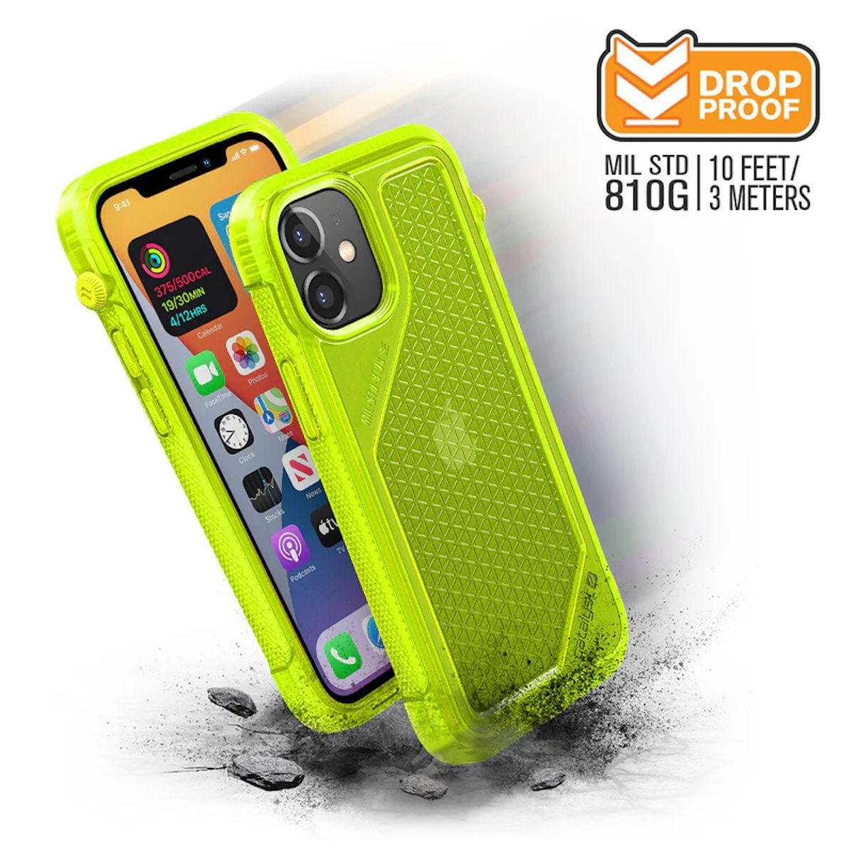 Ein neongrünes Smartphone in einer robusten Schutzhülle über Steinen mit einem Drop-Proof-Label.