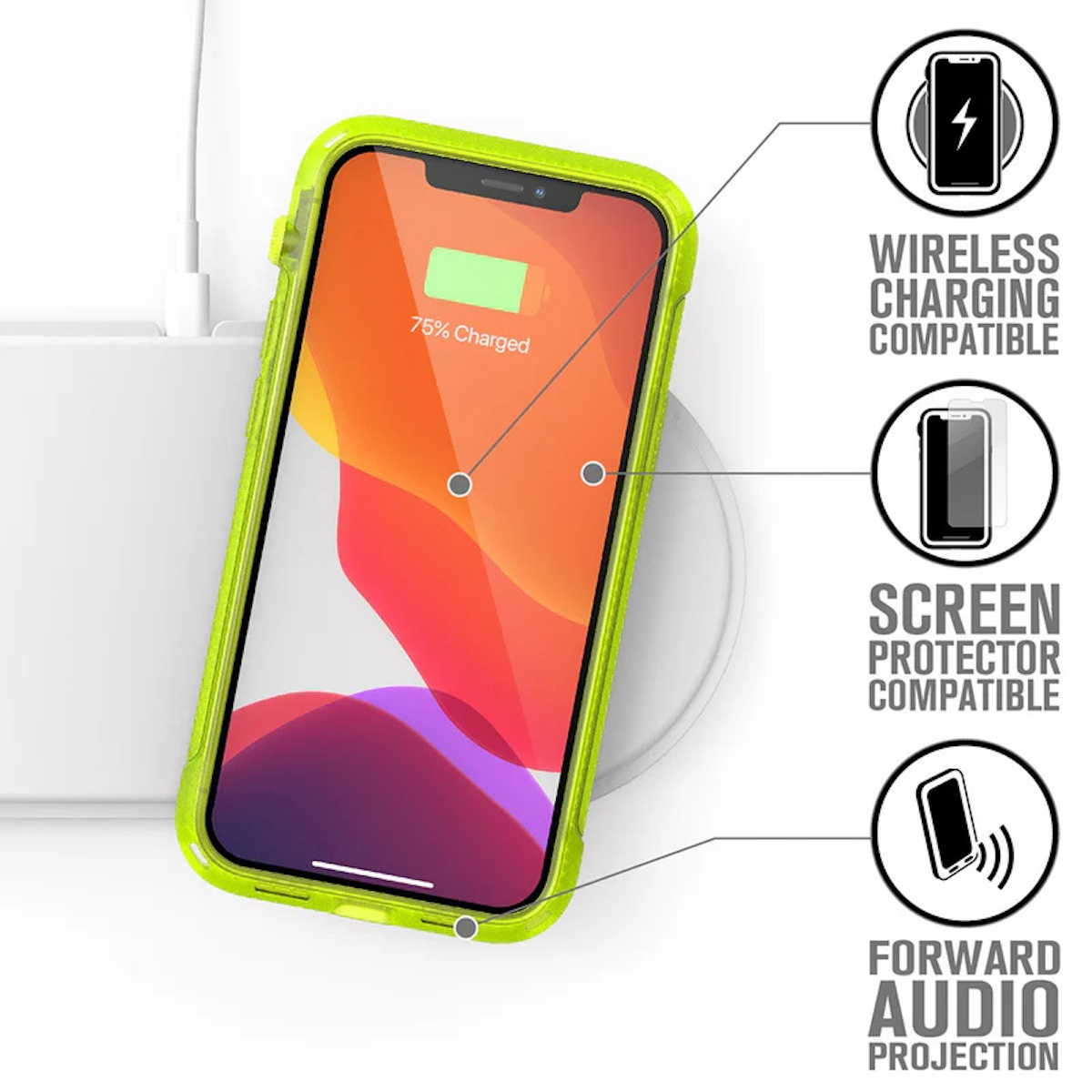 Ein gelbes Smartphone mit kabelloser Ladefunktion, Bildschirmschoner und Frontaudio auf einem Ladegerät.