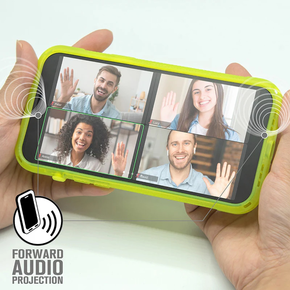 Ein Smartphone in einer Schutzhülle zeigt einen Gruppenvideoanruf mit vier Personen, die winken.