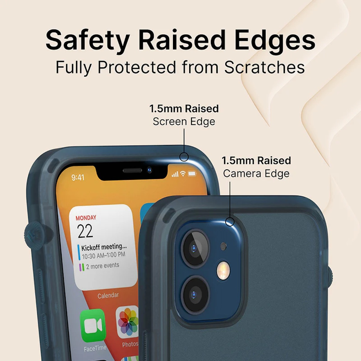 Smartphone in einer blauen Schutzhülle mit erhöhten Kanten für Display und Kamera.