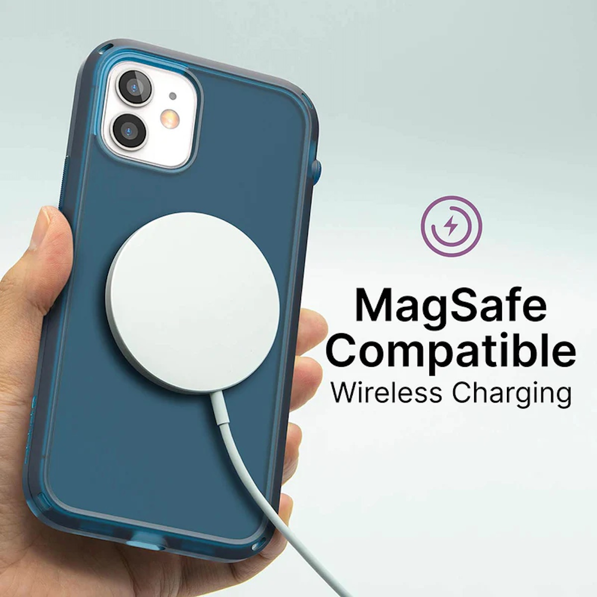 Eine Hand hält ein blaues Smartphone mit MagSafe-Ladegerät. Text: MagSafe Compatible Wireless Charging.