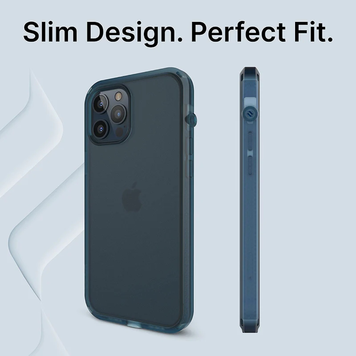 Eine schmale blaue Handyschale von hinten und der Seite, mit dem Text Slim Design. Perfect Fit.