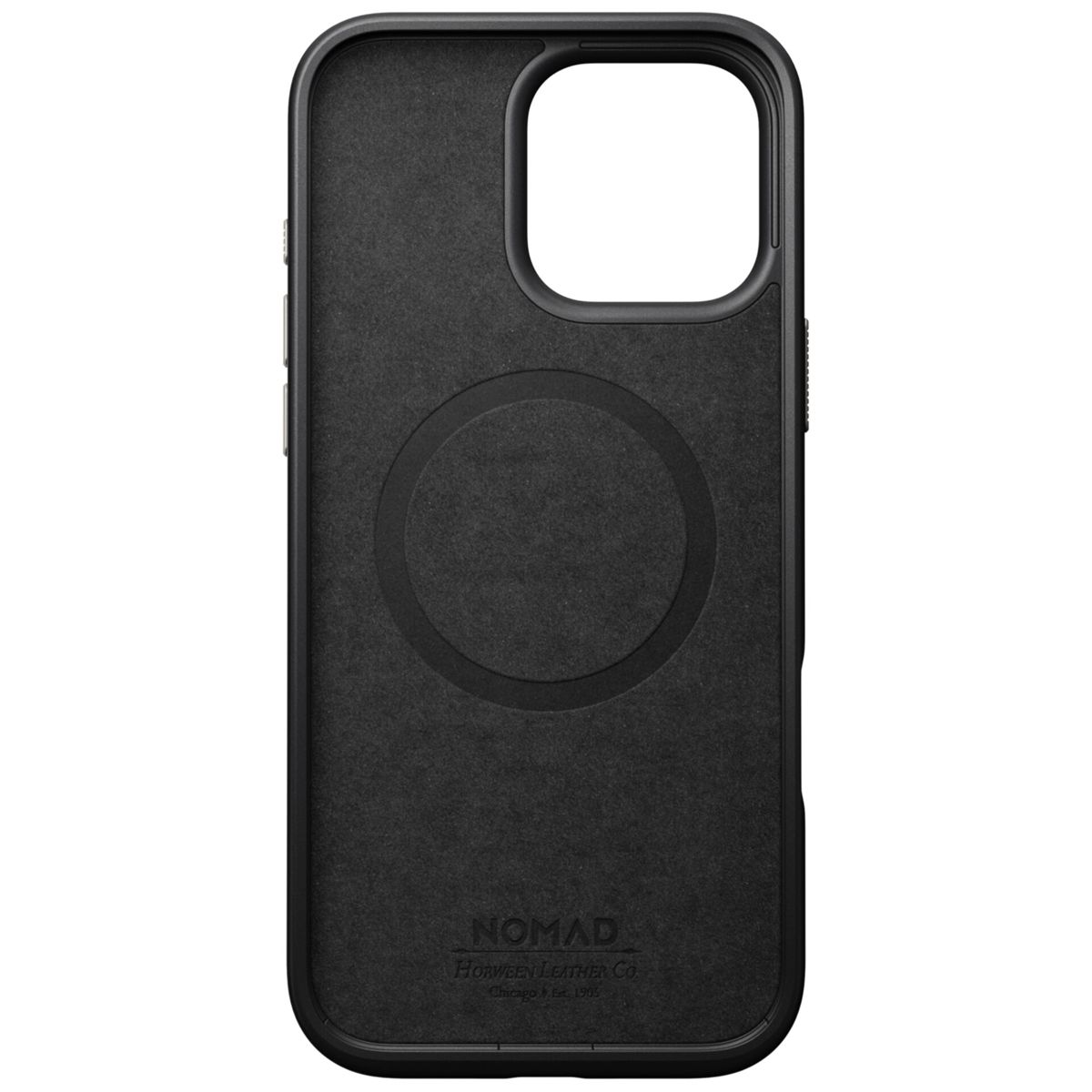 Schwarze Leder-Handyhülle mit MagSafe-Kreis und Nomad-Logo auf weissem Hintergrund.