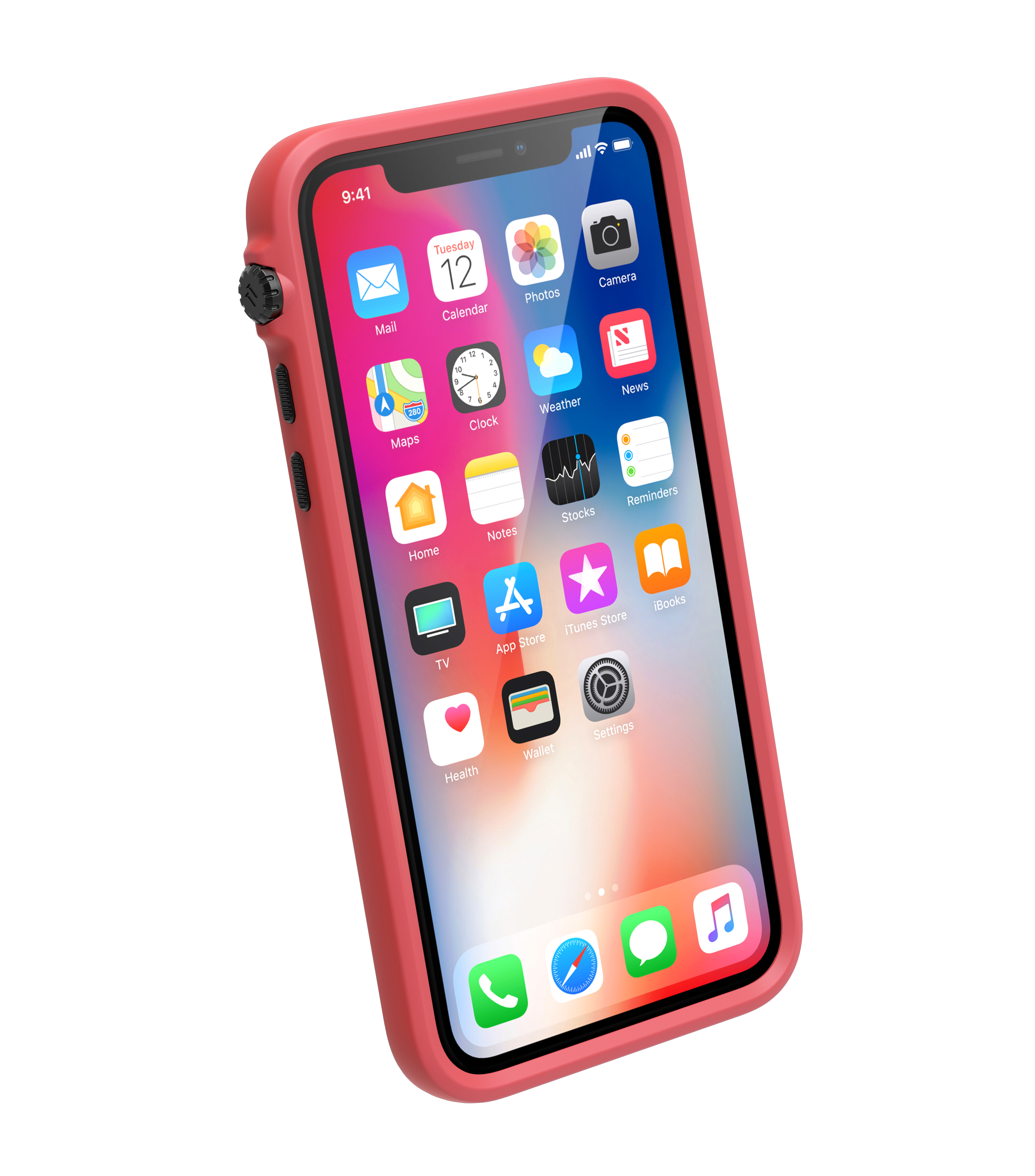 Ein Smartphone mit rosa Schutzhülle, das den Startbildschirm und verschiedene App-Symbole auf weißem Hintergrund zeigt.