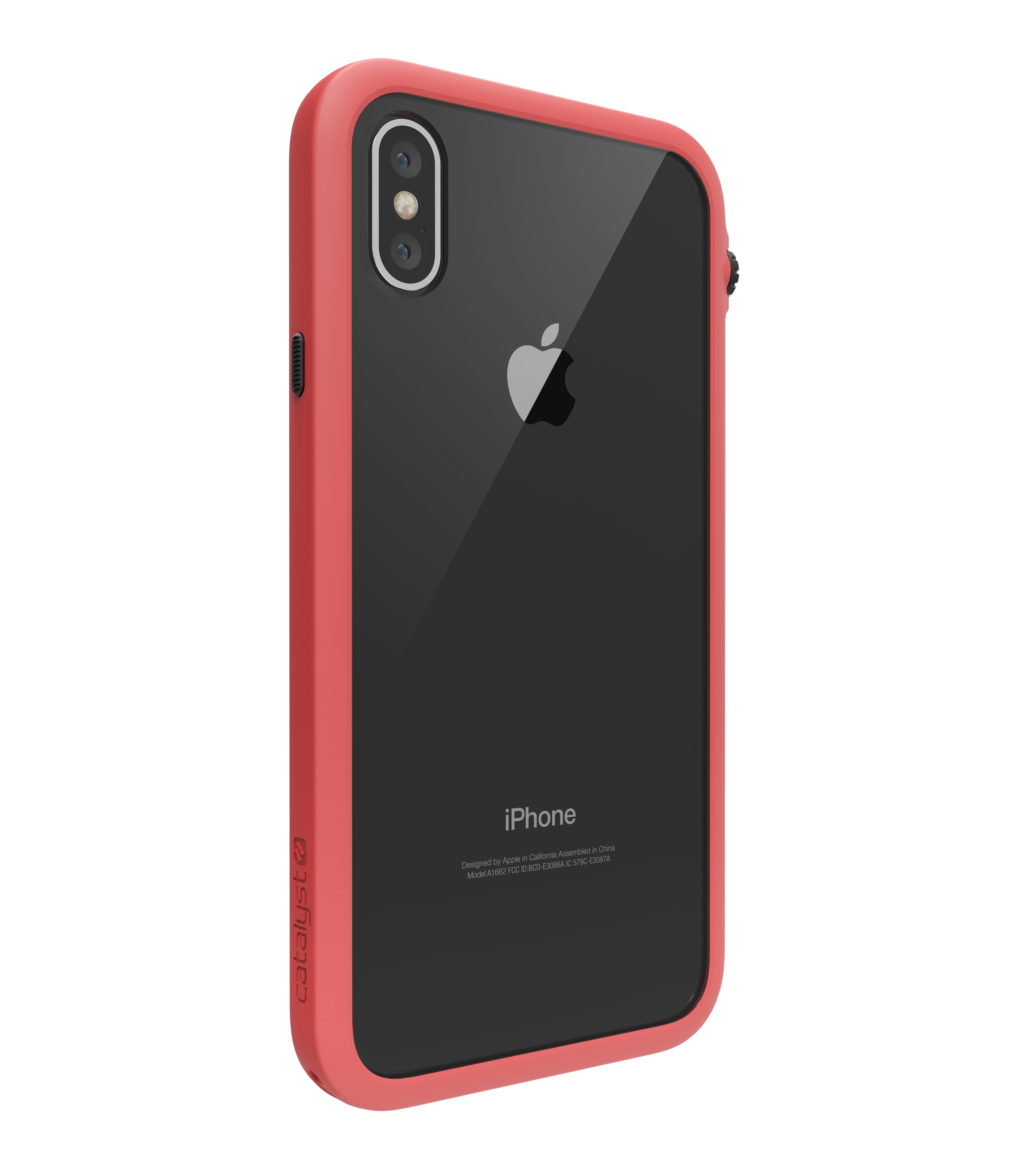 Rückseite eines iPhones in einem roten Catalyst-Schutzgehäuse, auf einem weißen Hintergrund.