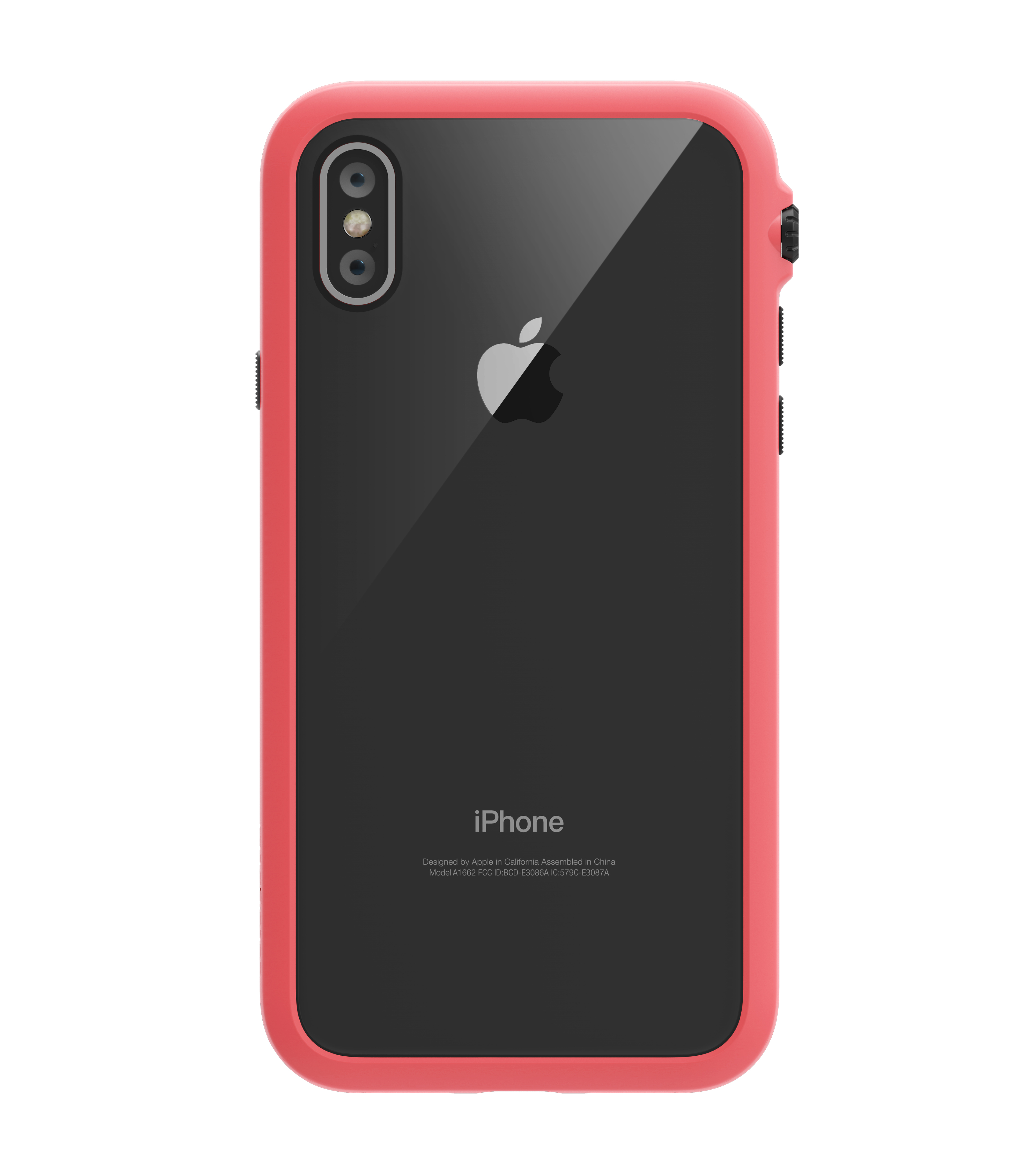 Rückseite eines schwarzen iPhones in einer hellroten Schutzhülle mit sichtbarer Kamera und Apple-Logo.