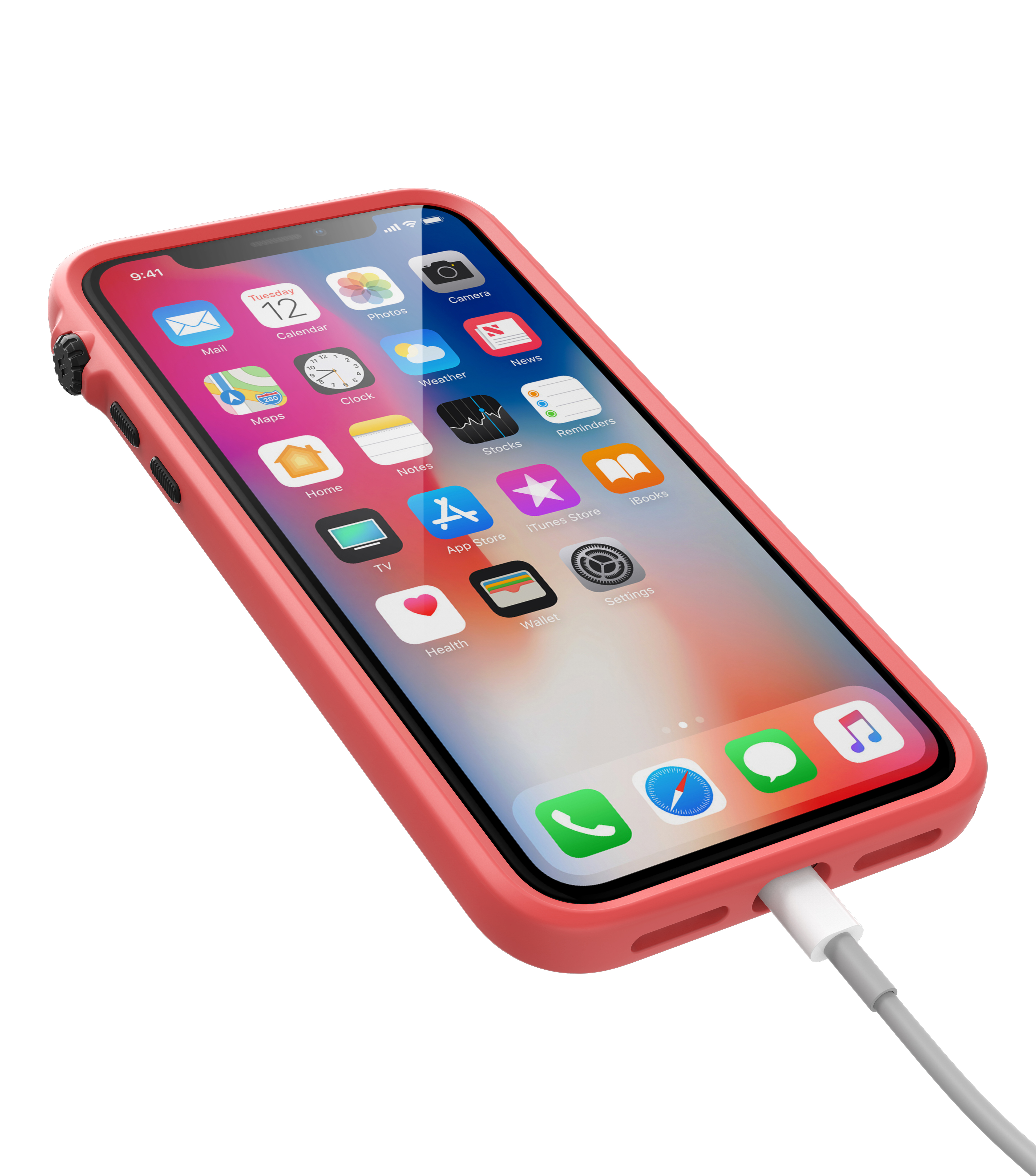 Ein rotes Smartphone mit Ladekabel und sichtbarem App-Bildschirm.