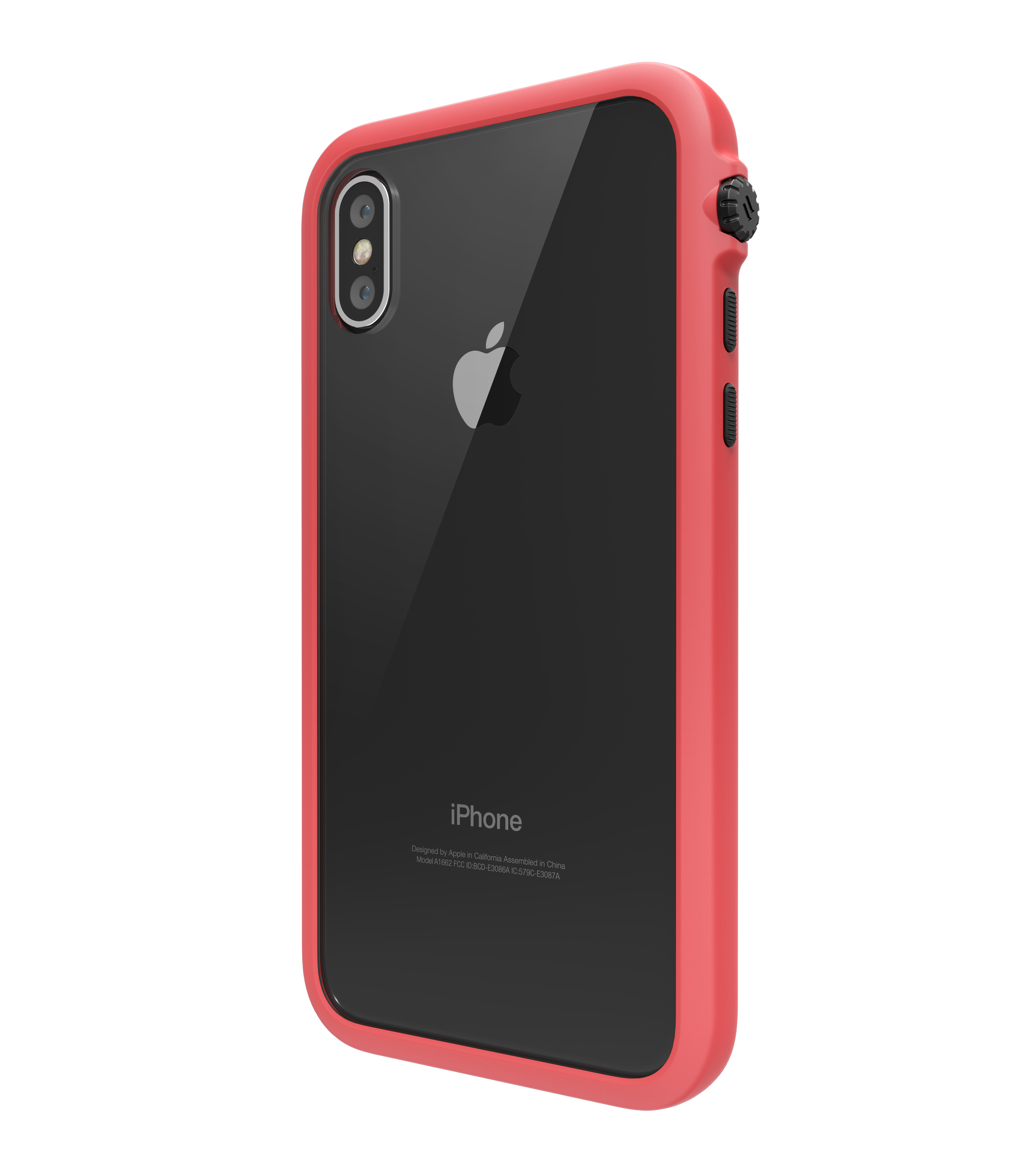 Ein Smartphone mit rotem Schutzgehäuse und transparenter Rückseite, gesehen von hinten.