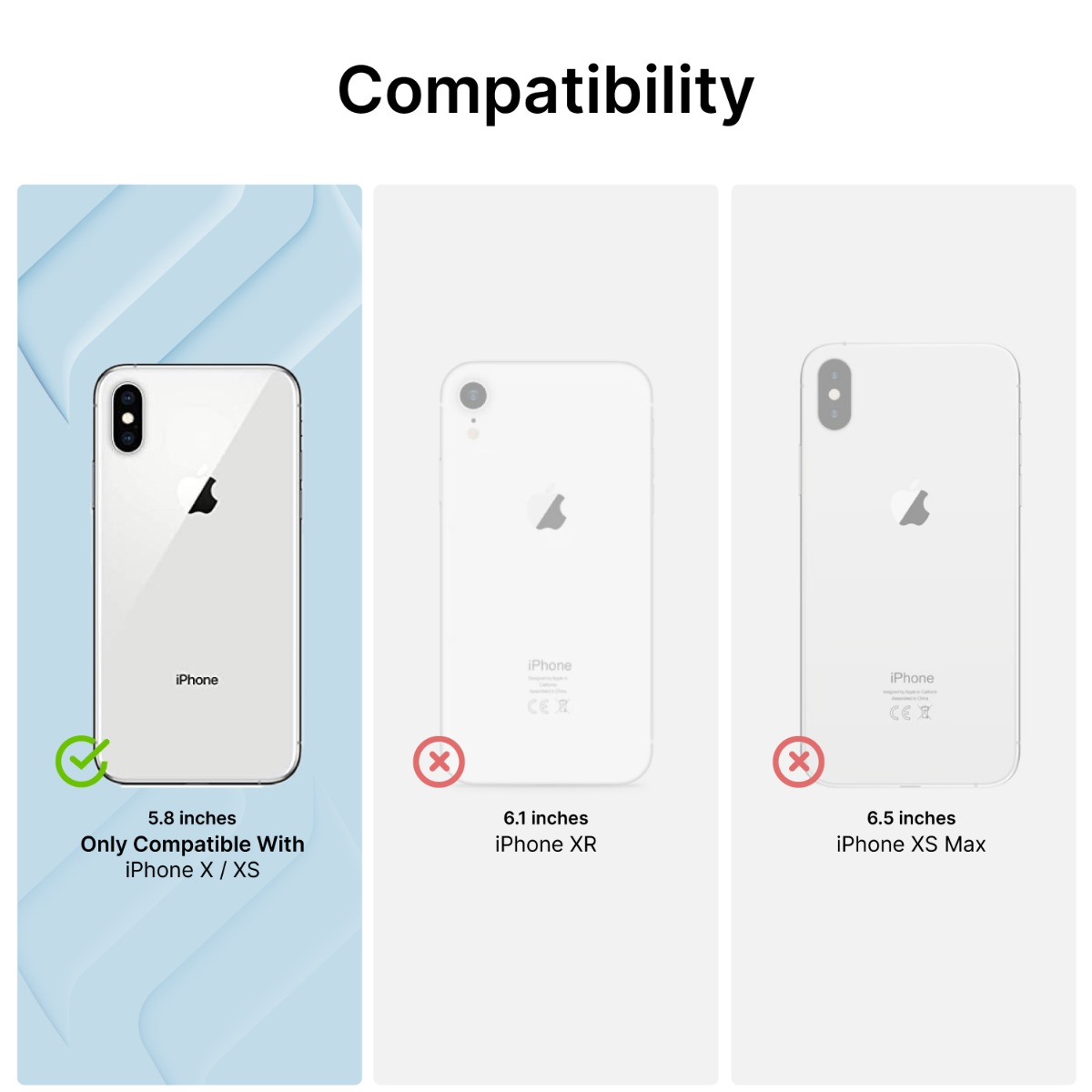 Kompatibilitätstabelle zeigt iPhone X/XS ist kompatibel, iPhone XR und XS Max nicht.