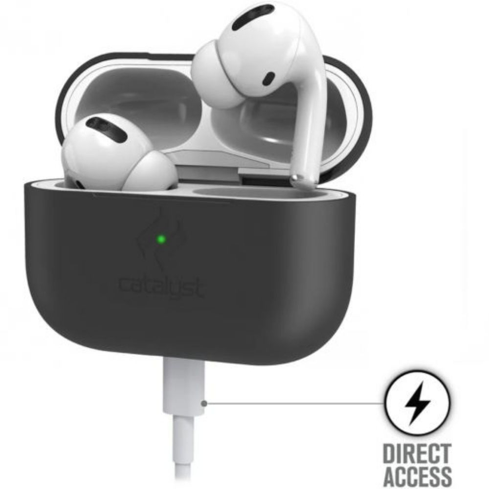 Weiße AirPods Pro in einem offenen, schwarzen Ladecase mit Ladekabel und einem Symbol für direkten Zugriff.