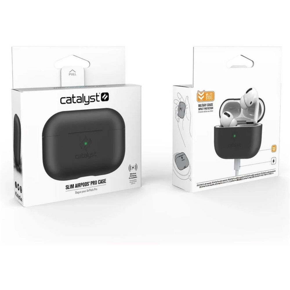 Zwei weiße Produktverpackungen für Catalyst Slim AirPods Pro Hüllen, eine zeigt die Vorderseite, die andere Details.