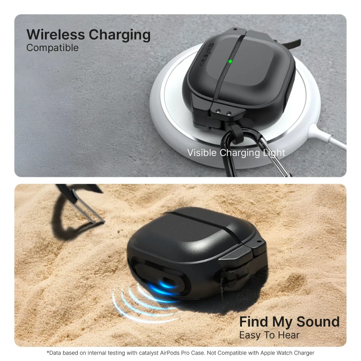 Schwarze AirPods-Hülle auf einer kabellosen Ladestation oben und auf Sand unten.