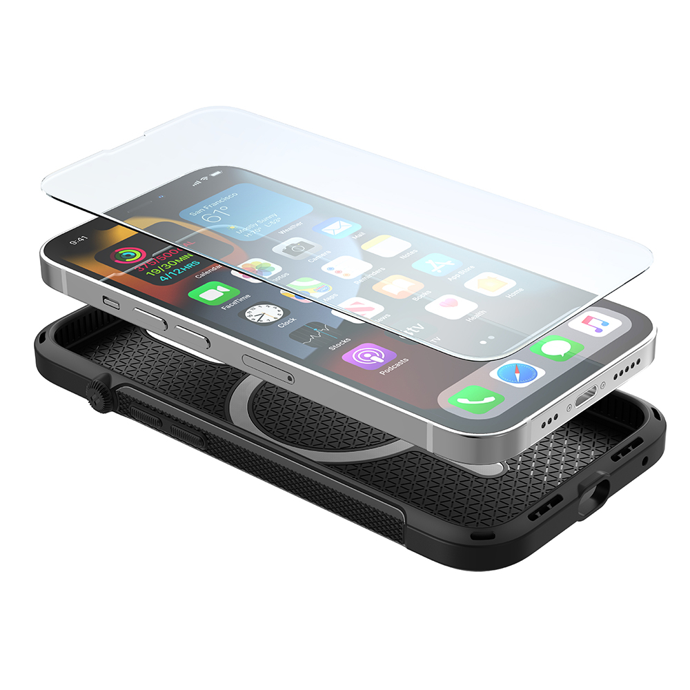 Ein Smartphone über einer schwarzen Hülle mit einer klaren Displayschutzfolie, die über dem Display schwebt.