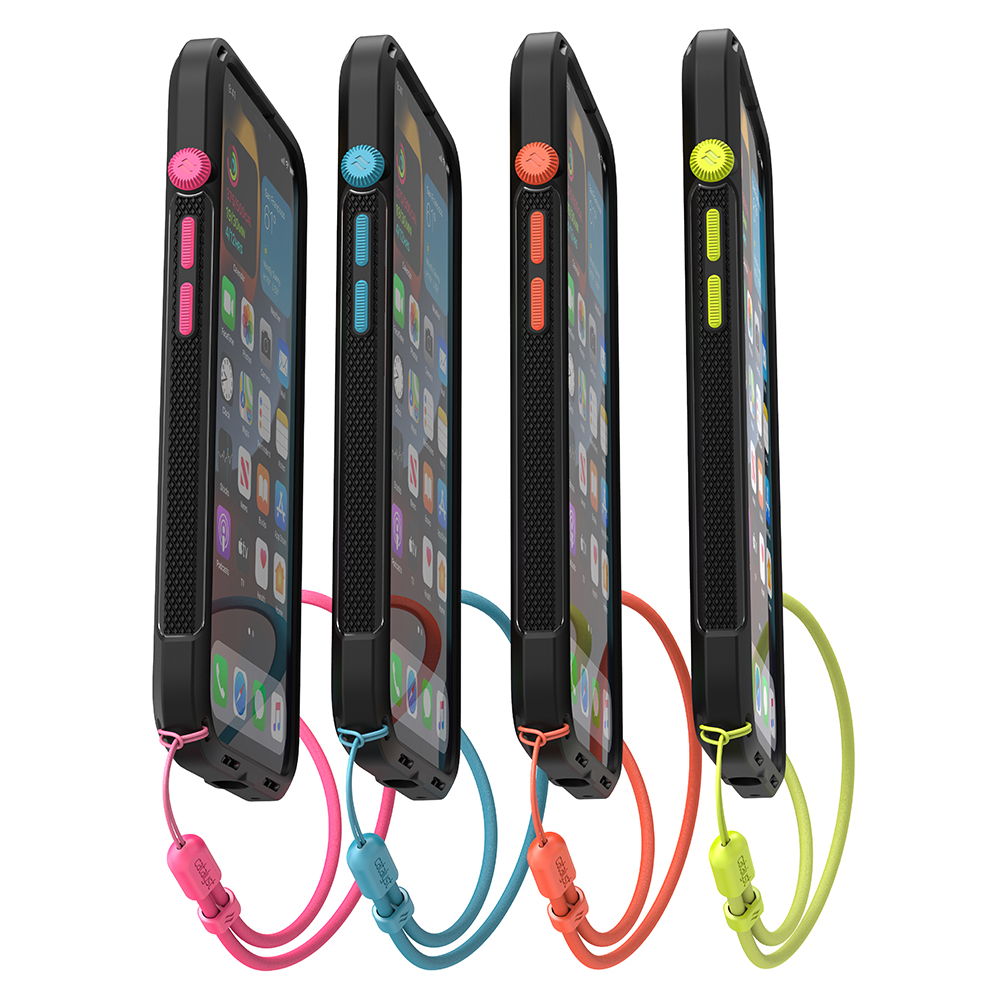 Vier schwarze Smartphones in robusten Hüllen mit farbigen Trageriemen in Pink, Blau, Orange und Limettengrün.