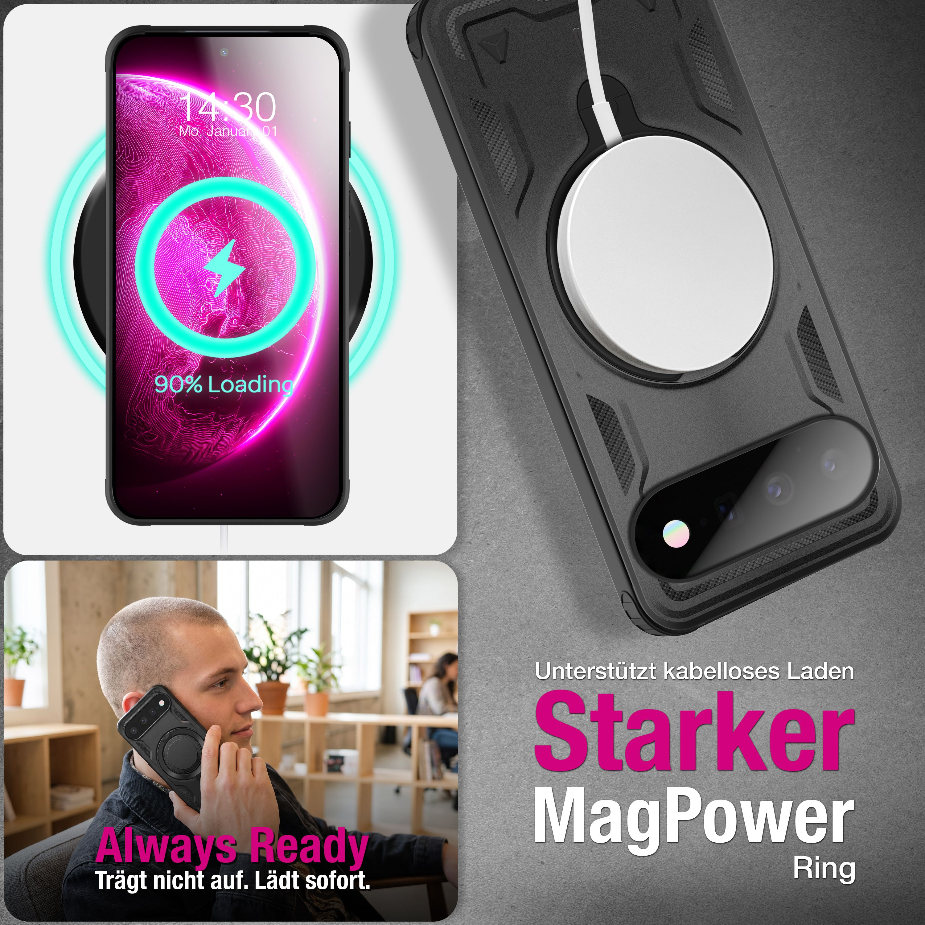 Smartphone in Schutzhülle wird kabellos mit MagPower-Ring geladen, ein Mann telefoniert damit.