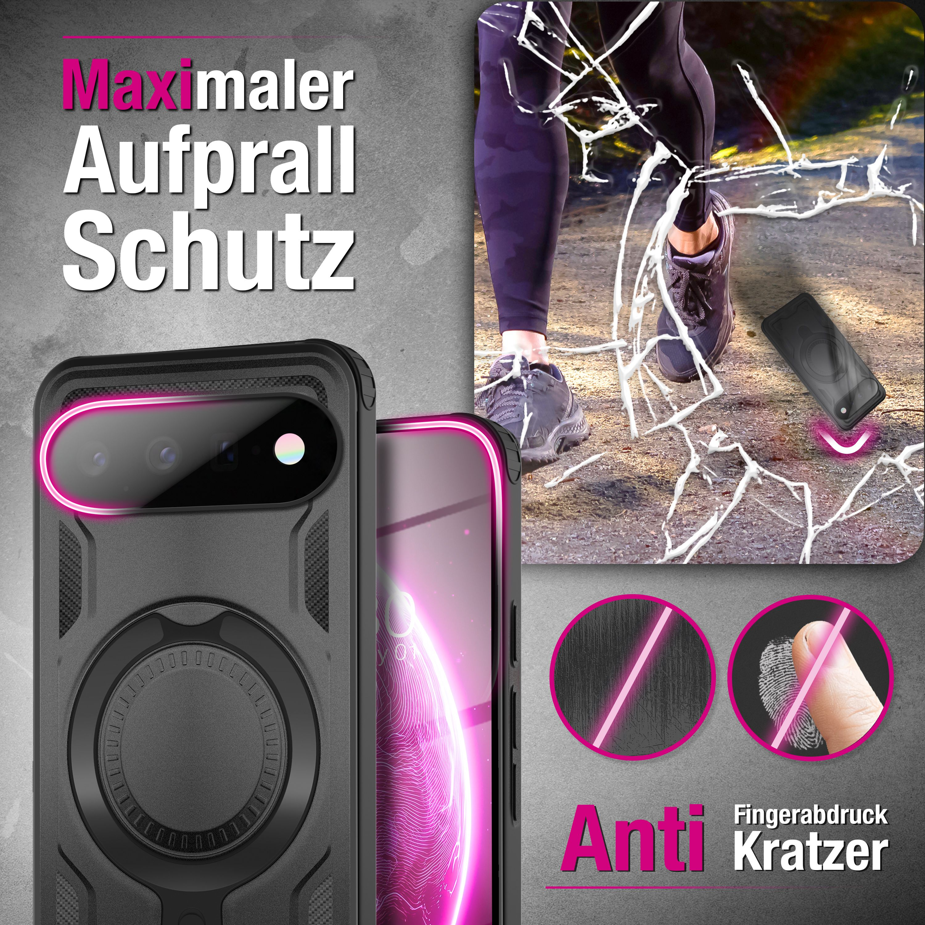 Werbebild für robuste Handyhülle mit Aufprallschutz, Anti-Kratzer- und Anti-Fingerabdruck-Eigenschaften.