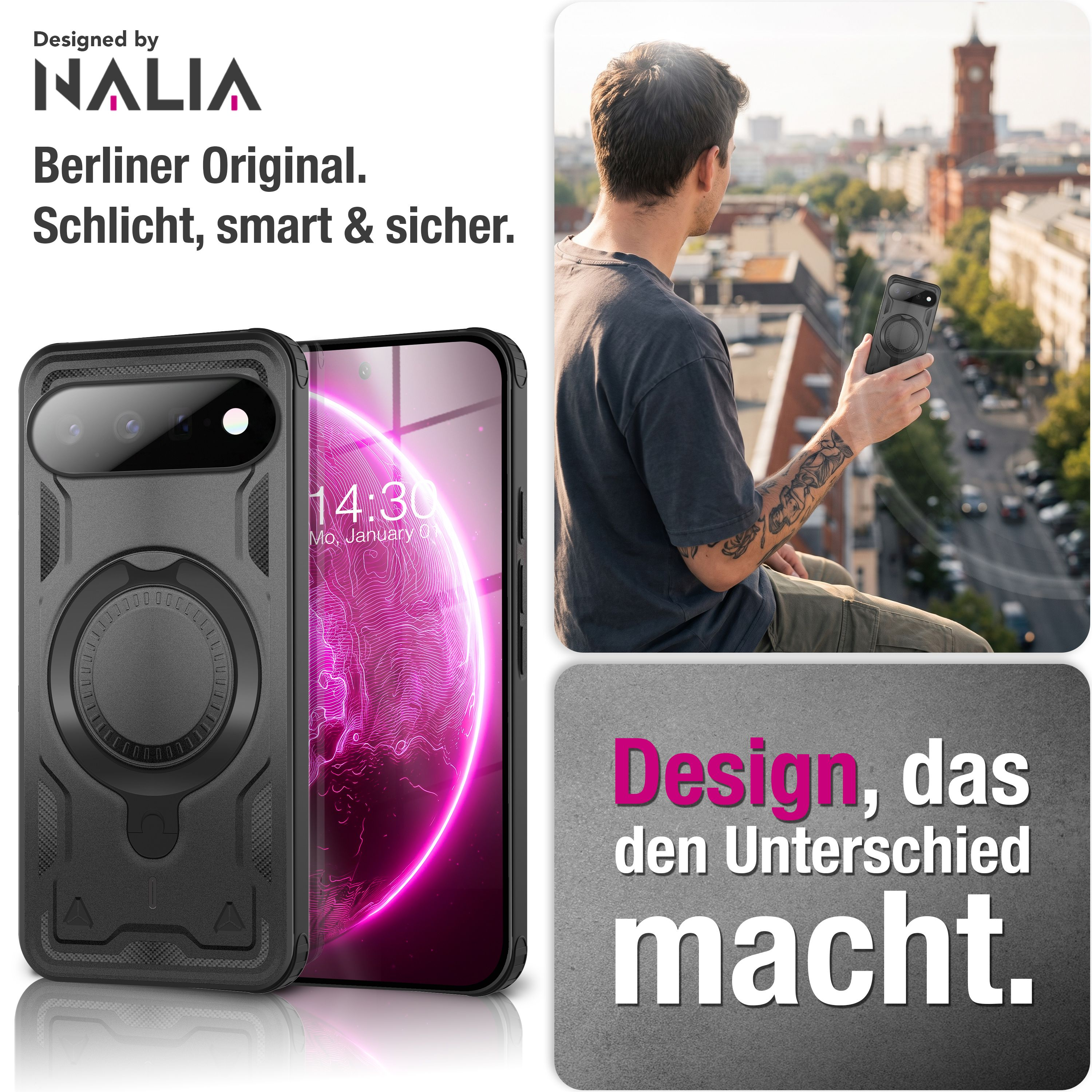 Schwarze Handyhülle mit Ringhalterung vor einer Ansicht von Berlin mit einem Mann.