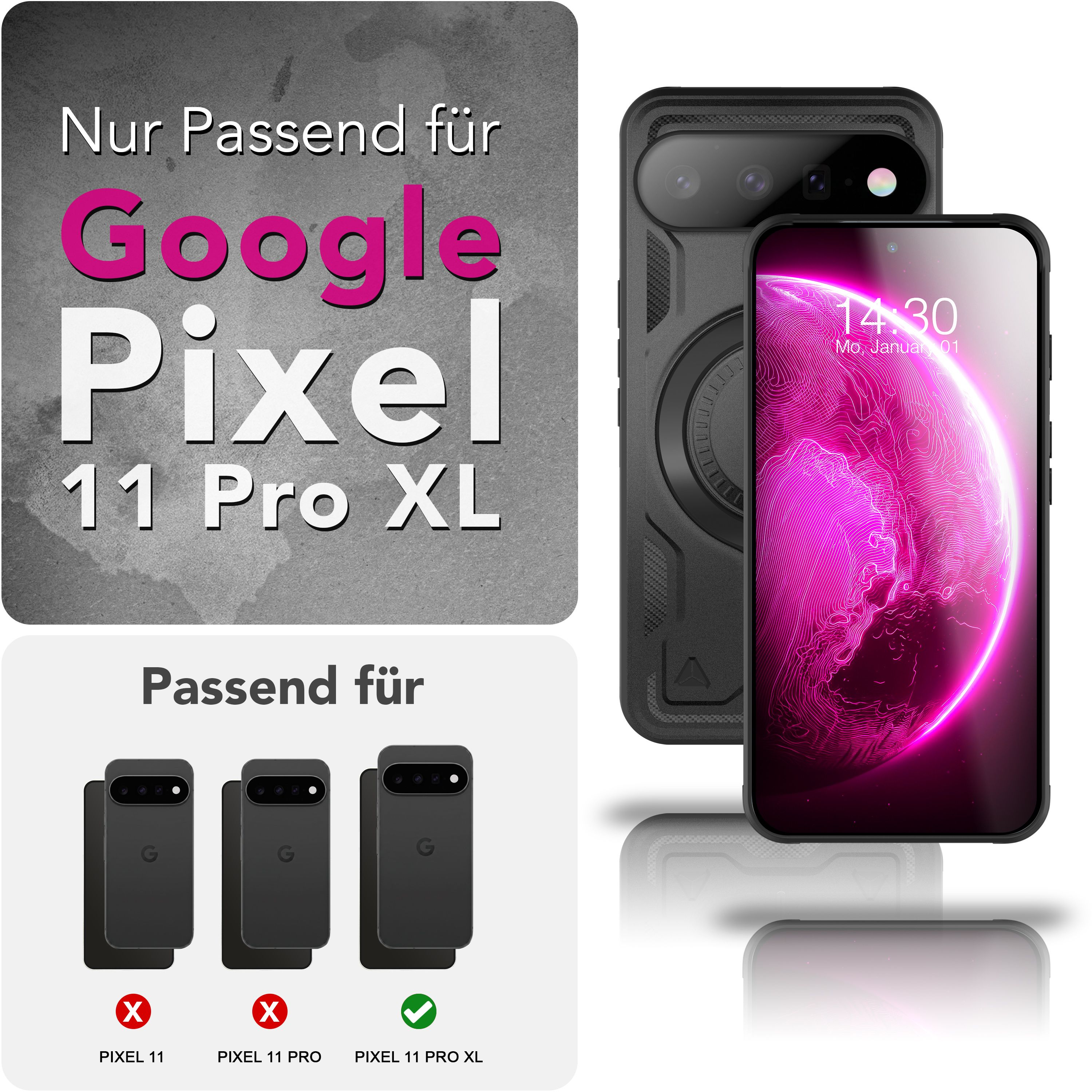 Schwarze Schutzhülle für Google Pixel 11 Pro XL mit rosafarbenem Display-Hintergrund.