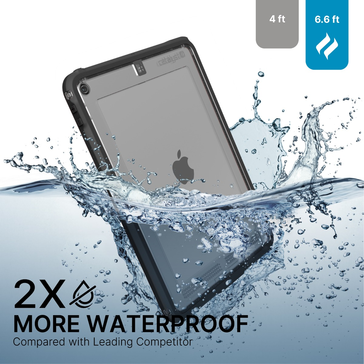 Ein Tablet in einer Schutzhülle stürzt ins Wasser und erzeugt Spritzer.