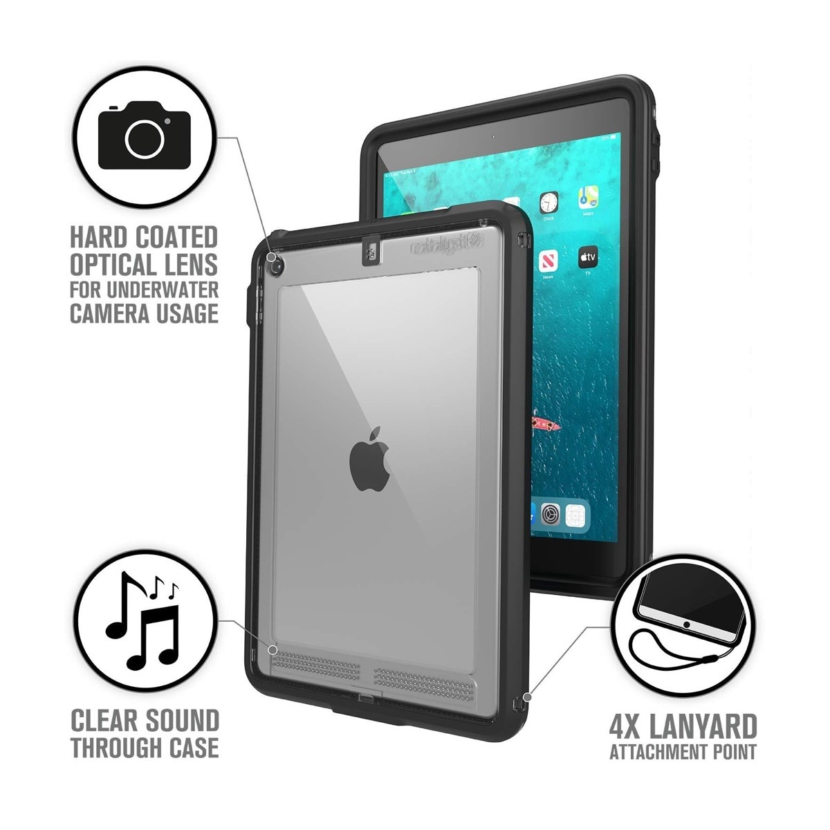 Wasserdichte Tablet-Hülle mit optischer Linse, klarem Ton und Lanyard-Halterungen.