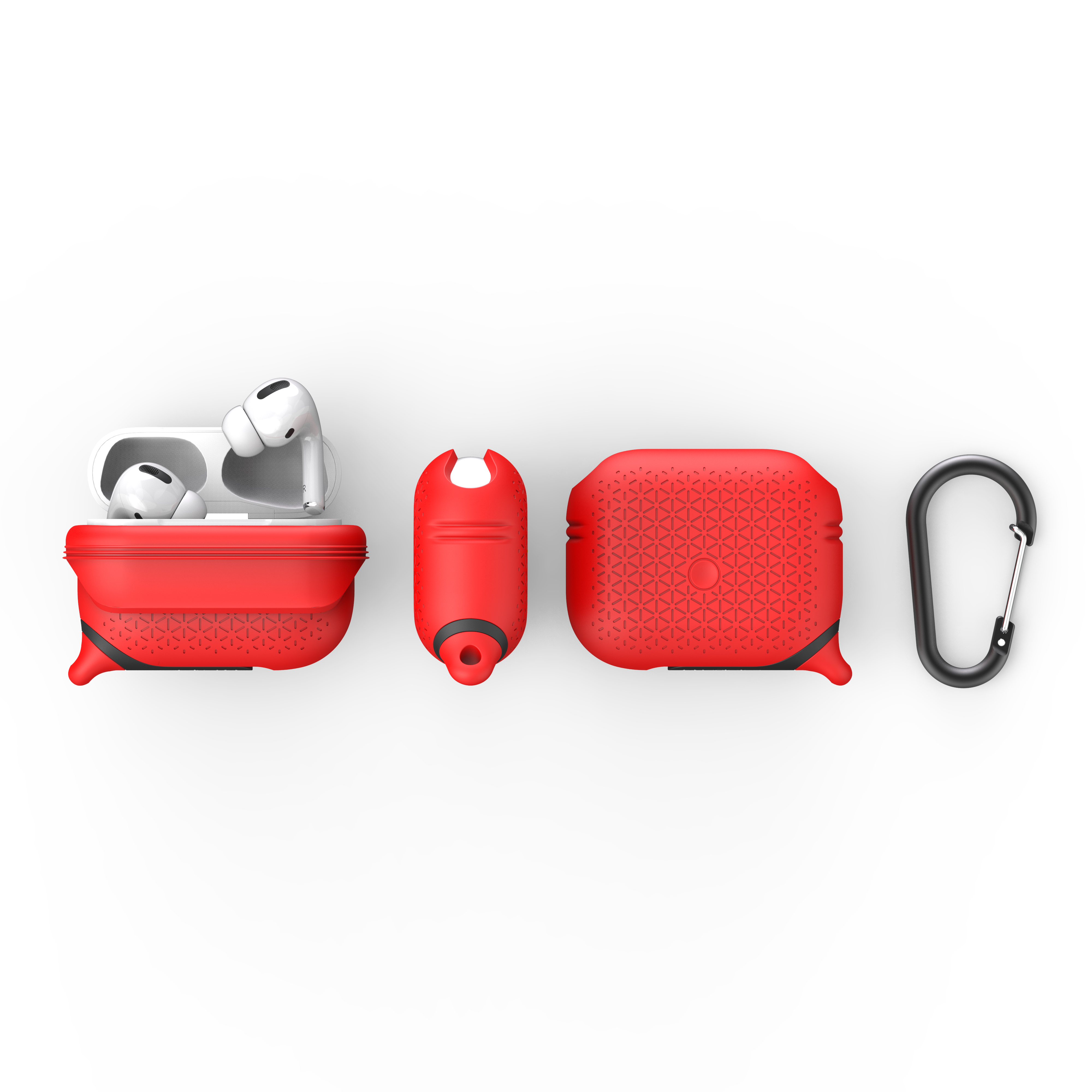 Rote Schutzhülle für AirPods Pro mit Kopfhörern, Ladecase und schwarzem Karabiner.