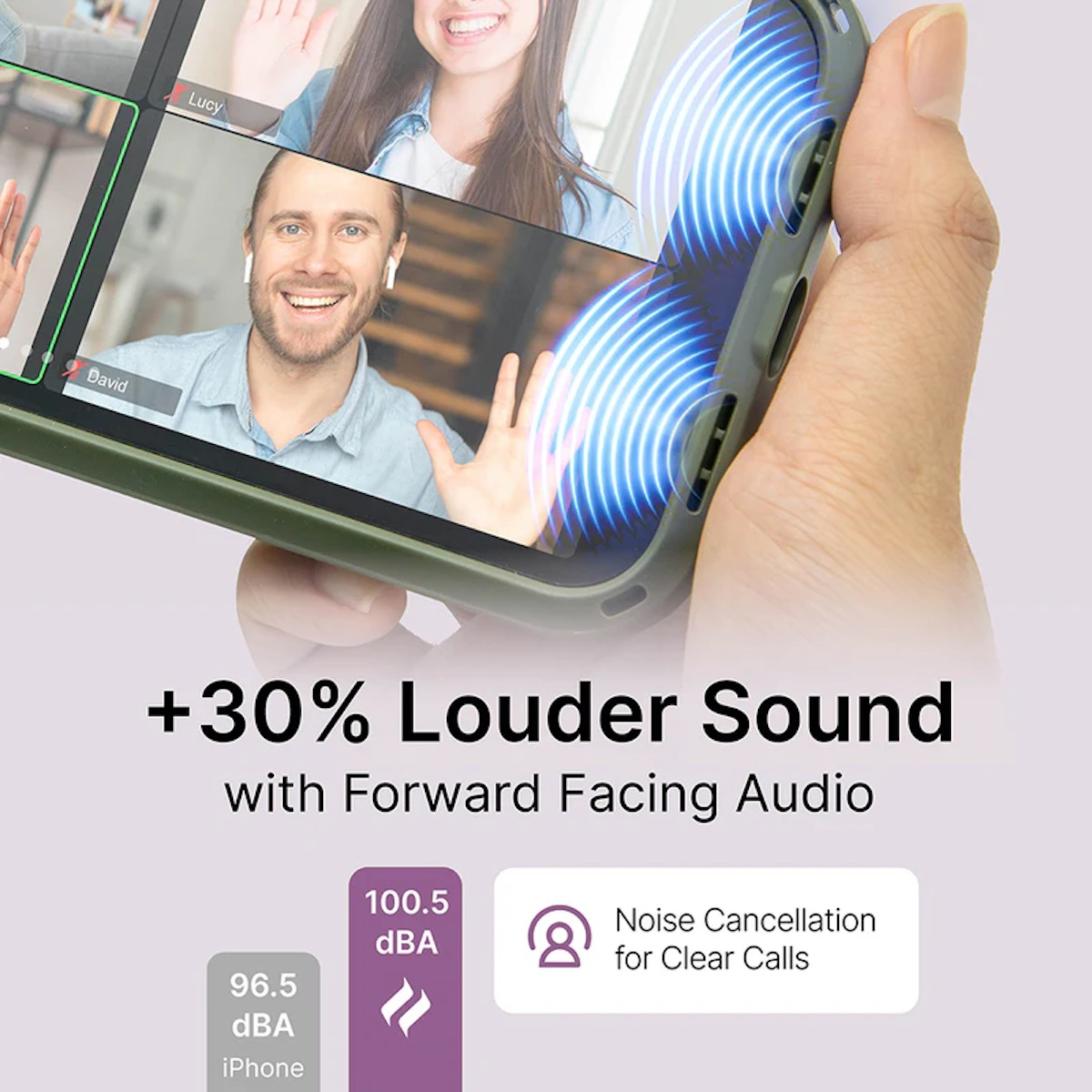 Hand hält Smartphone mit Videoanruf und blauen Soundwellen für 30% lauteren Ton und Rauschunterdrückung.