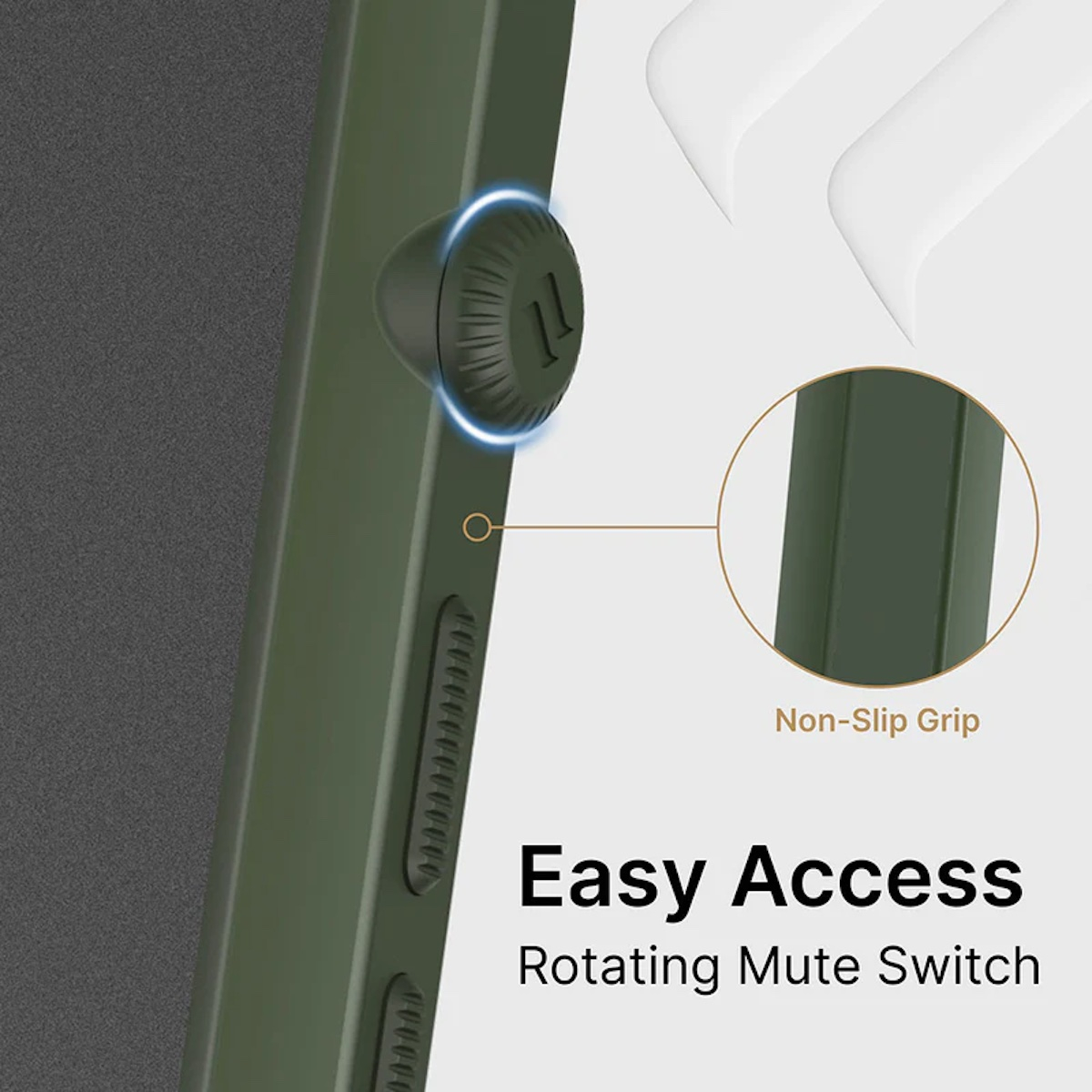 Grünes Tabletgehäuse mit rotierendem Stummschalter und rutschfestem Griff.
