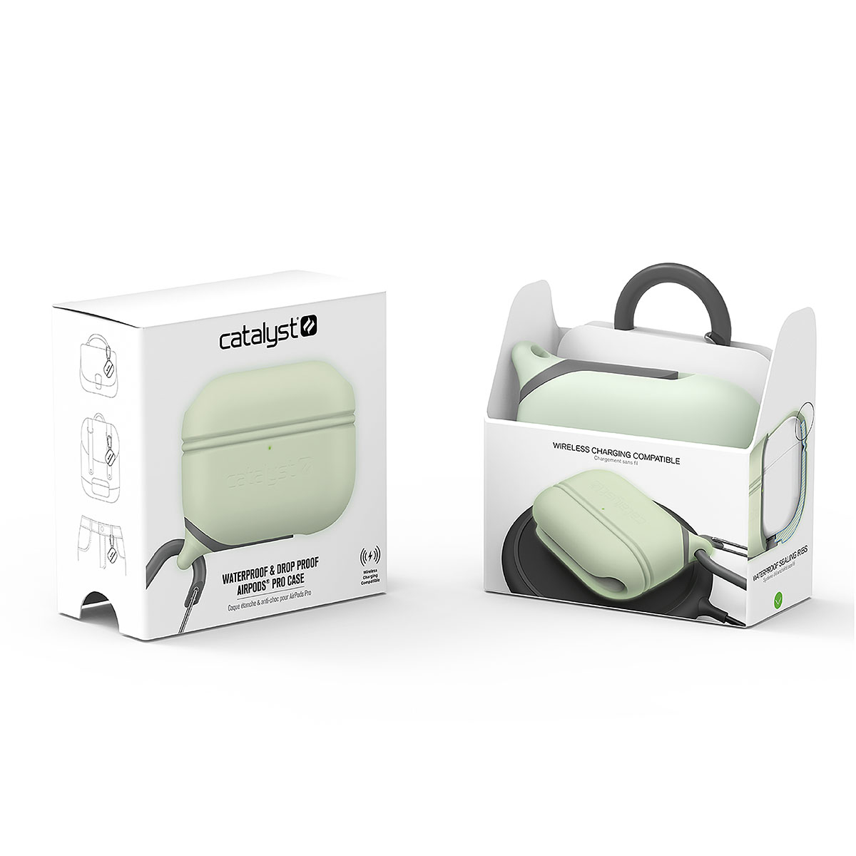 Ein hellgrünes Catalyst AirPods Pro Case in Verpackung, links geschlossen und rechts geöffnet.