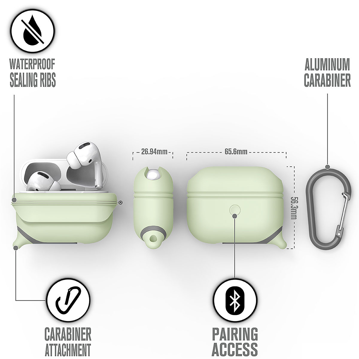 Grüne AirPods Pro Hülle mit Wasserdichtigkeit, Maßen, Karabiner und Pairing-Zugang.