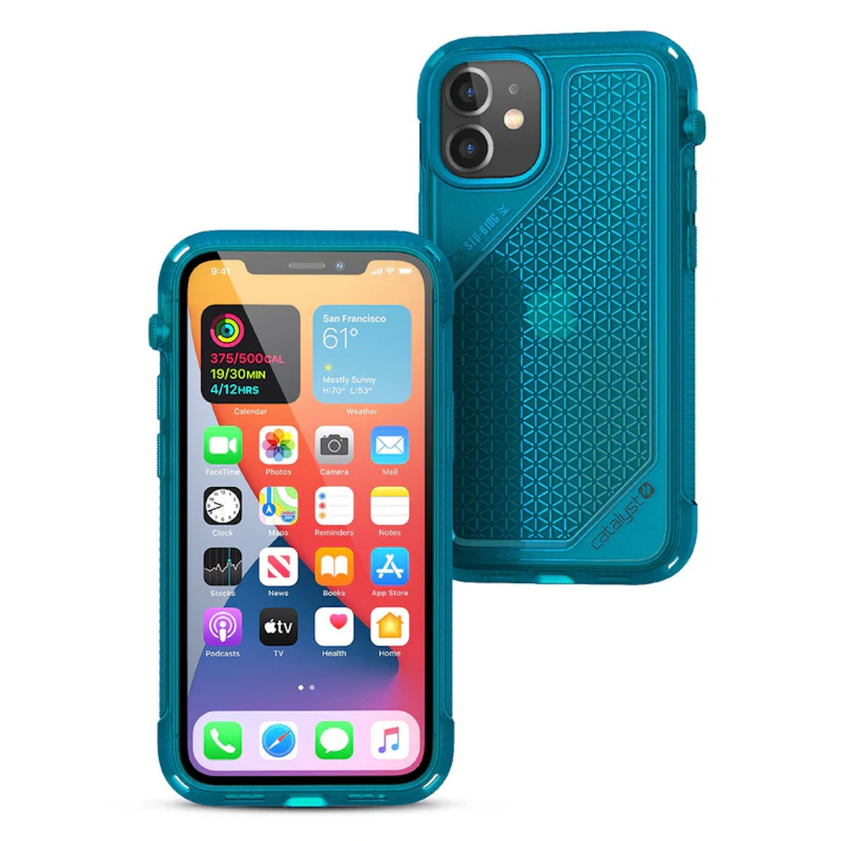Ein Smartphone in einer blauen Schutzhülle mit sichtbarem Bildschirm und gemusterter Rückseite.