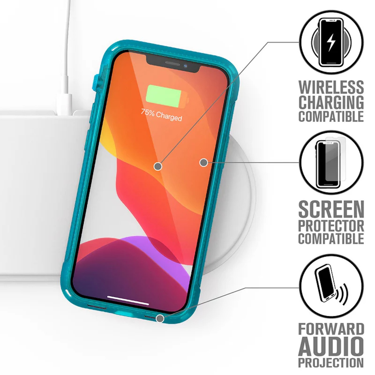 Ein türkisfarbenes Smartphone auf einer Ladestation mit drei Icons für kabelloses Laden, Displayschutz und Audio.