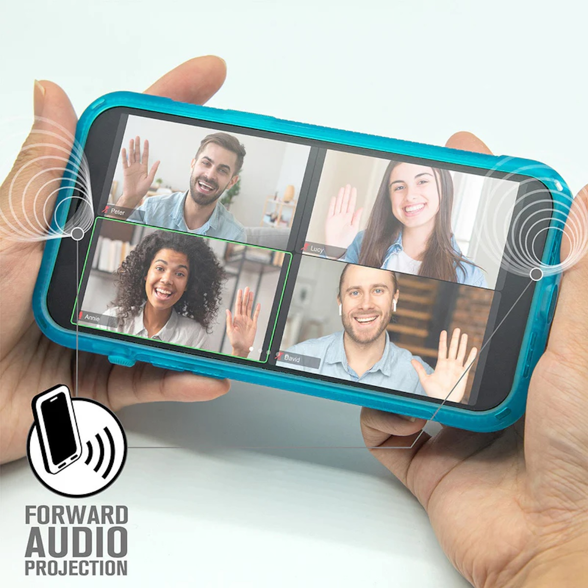 Ein Smartphone mit blauer Hülle zeigt einen Gruppen-Videoanruf mit vier Personen, die winken.