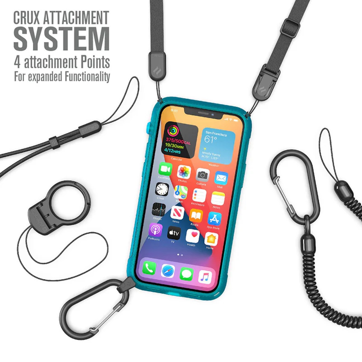 Ein Smartphone in einem türkisfarbenen Gehäuse ist von verschiedenen schwarzen Gurten und Clips umgeben.