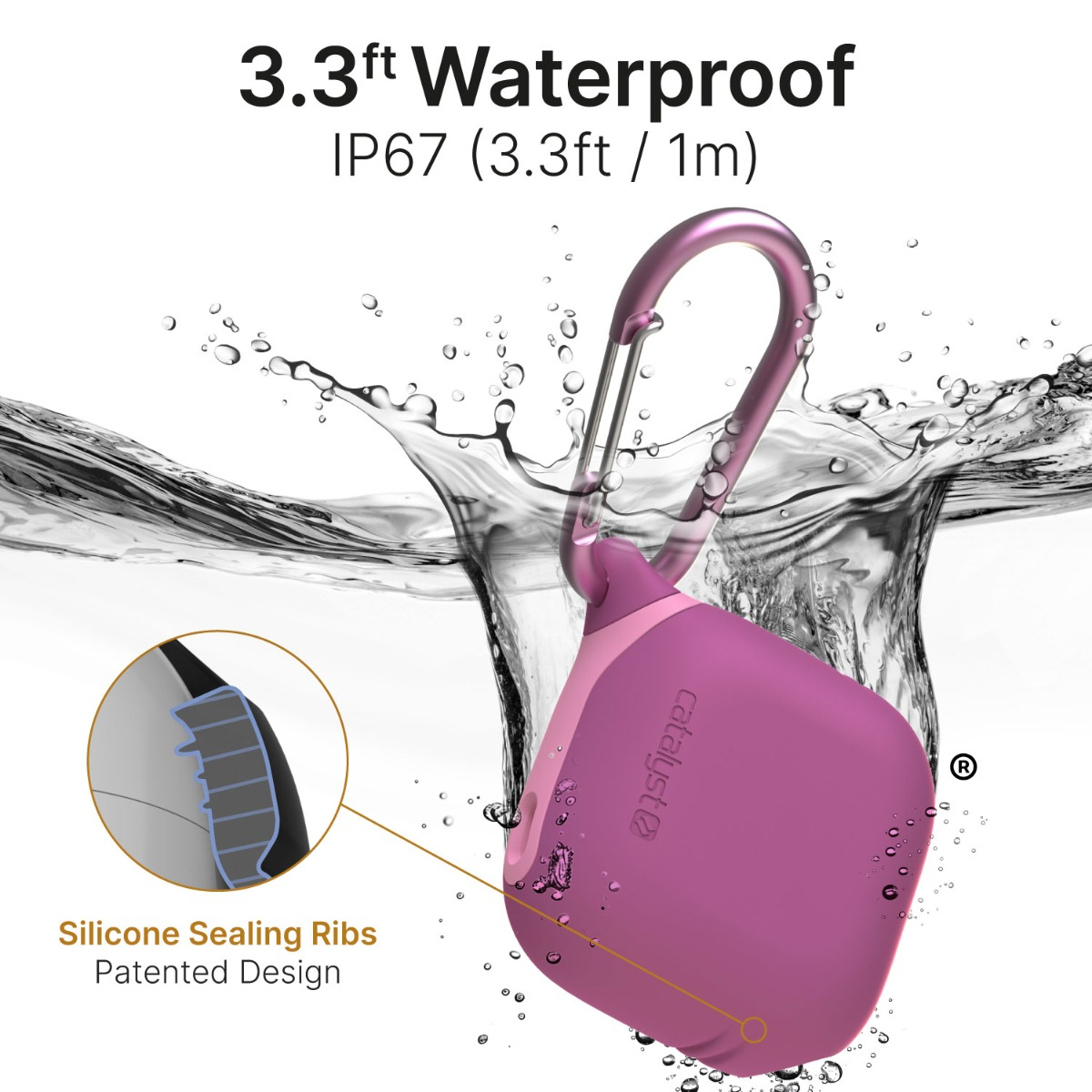 Rosa Kopfhörerhülle taucht ins Wasser, mit Text über Wasserdichtigkeit.