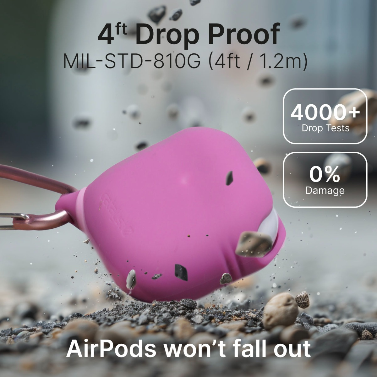 Rosa AirPods-Hülle im Kies mit Text über Sturzsicherheit.