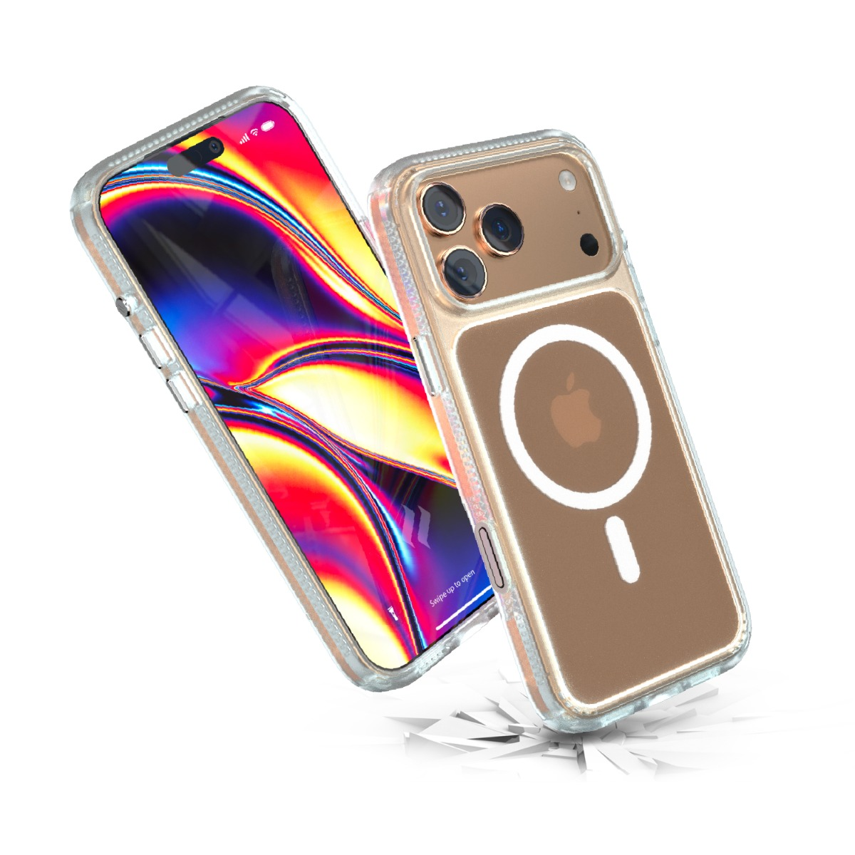 Zwei Smartphones in einer Hülle, eines zeigt das bunte Display und das andere die Rückseite.
