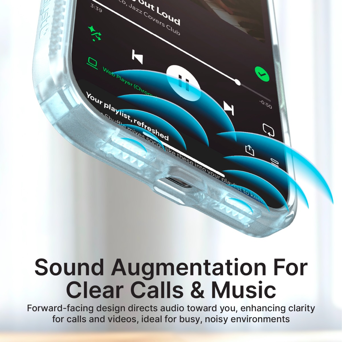Ein Smartphone mit einer Hülle leitet Musikwellen nach vorn weiter für klaren Klang.