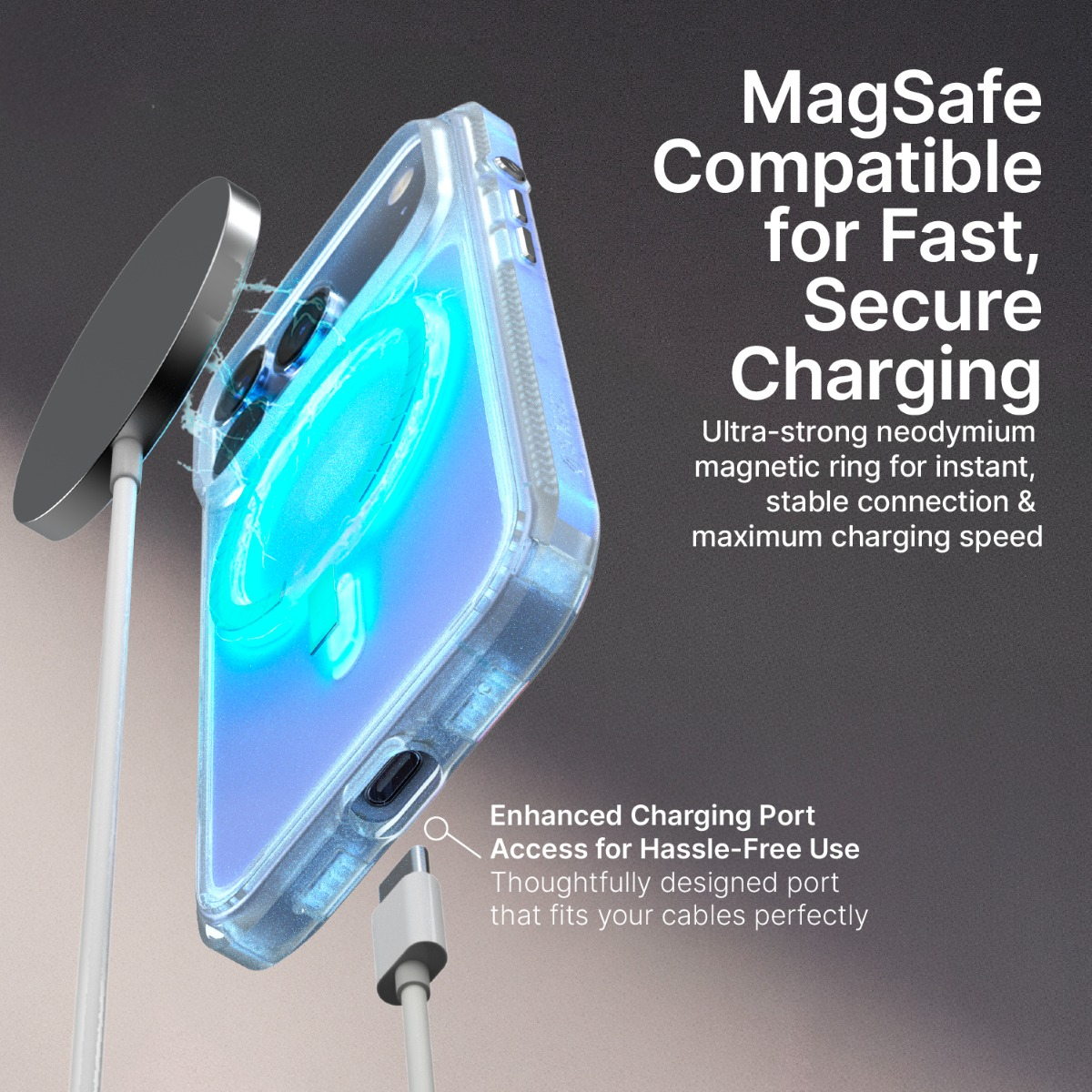 MagSafe-kompatible Handyhülle mit leuchtendem Magnetring und Ladekabel vor dunklem Hintergrund.