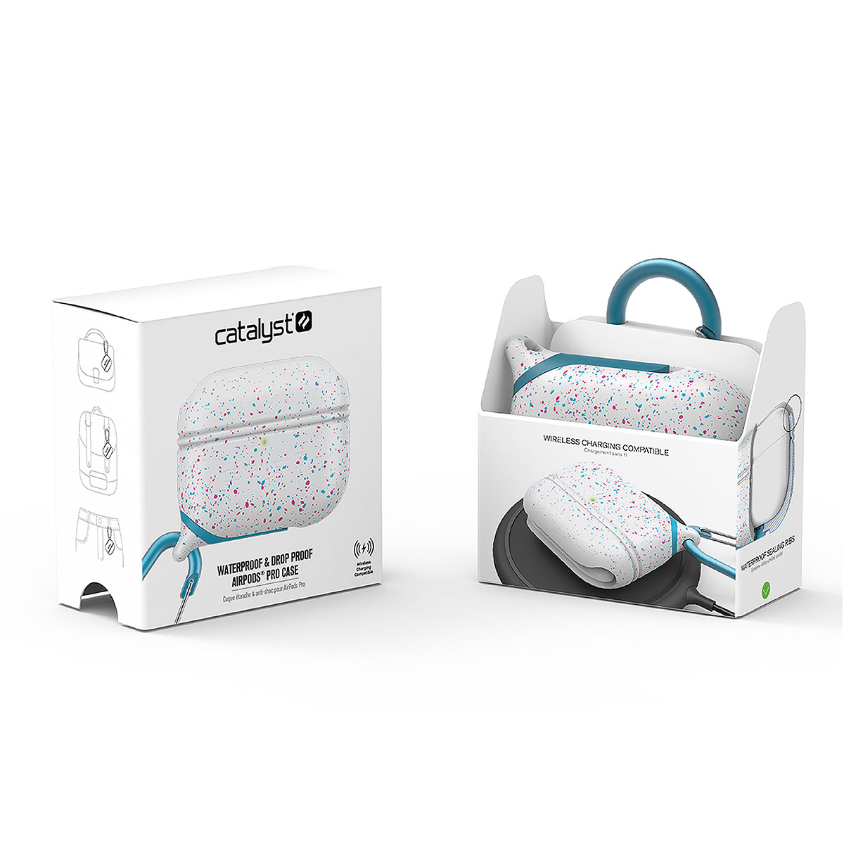 Wasserdichte AirPods Pro Hülle mit bunten Sprenkeln in Verpackung.